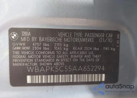2010 BMW 328I xDrive from USA, damaged, VIN WBAPK5C55AA652294